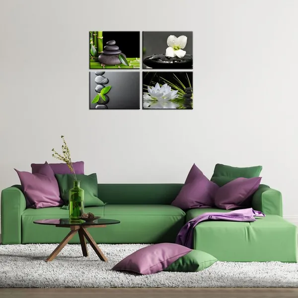 Green_And_Gray_Wall_Decor_-_4_Panels_Black_Zen_Stone_Poster_Canvas_Wall_Art_Prints_White_Orchid_And_Lotus_Painting_Modern_Printed_Green_Bamboo_Picture_Framed_Giclee_Artwork_Contemporary_Home_Decor