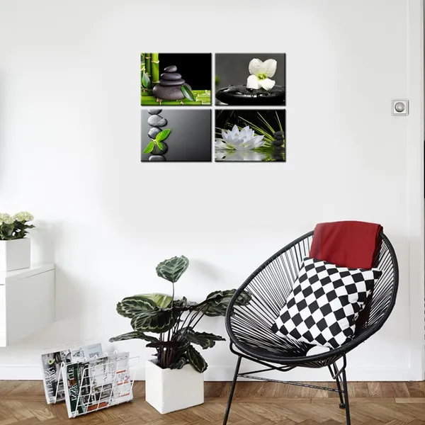 Green_And_Gray_Wall_Decor_-_4_Panels_Black_Zen_Stone_Poster_Canvas_Wall_Art_Prints_White_Orchid_And_Lotus_Painting_Modern_Printed_Green_Bamboo_Picture_Framed_Giclee_Artwork_Contemporary_Home_Decor