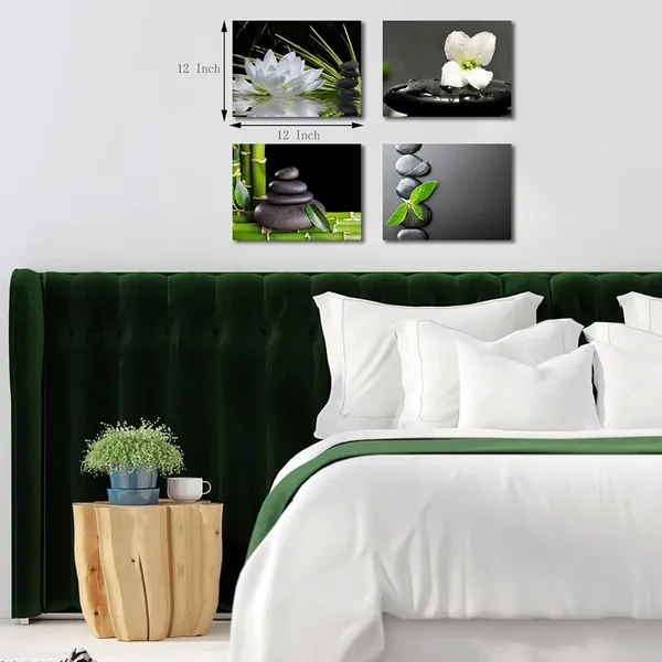 Green_And_Gray_Wall_Decor_-_4_Panels_Black_Zen_Stone_Poster_Canvas_Wall_Art_Prints_White_Orchid_And_Lotus_Painting_Modern_Printed_Green_Bamboo_Picture_Framed_Giclee_Artwork_Contemporary_Home_Decor