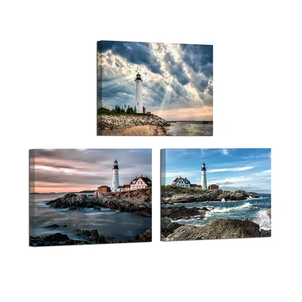 Multicolor_Lighthouse_Painting_Canvas_Prints_Ocean_Landscape_Coastal_Beach_View_Modern_Artwork_Home_Office_Bedroom_Bathroom_Decor_12"X16"X3_Panels