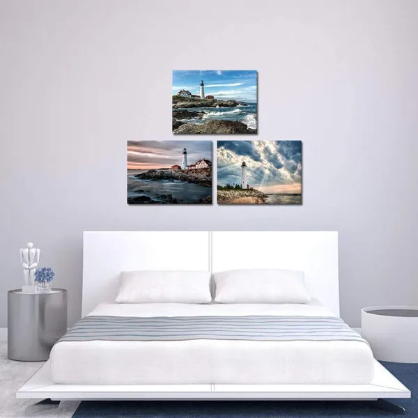 Multicolor_Lighthouse_Painting_Canvas_Prints_Ocean_Landscape_Coastal_Beach_View_Modern_Artwork_Home_Office_Bedroom_Bathroom_Decor_12"X16"X3_Panels
