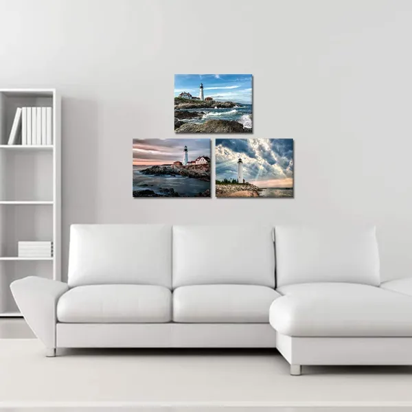 Multicolor_Lighthouse_Painting_Canvas_Prints_Ocean_Landscape_Coastal_Beach_View_Modern_Artwork_Home_Office_Bedroom_Bathroom_Decor_12"X16"X3_Panels