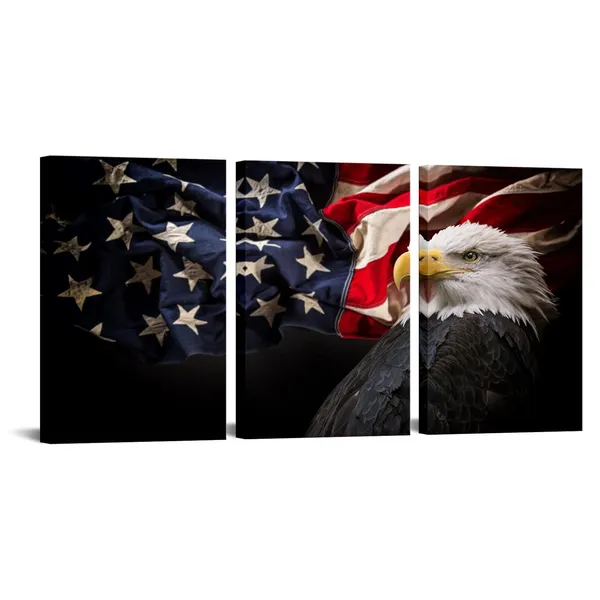 Multicolor_American_Flag_With_Bald_Eagle_Hawk_Canvas_Painting_Patriotic_Theme_Decor_Pictures_Prints_Framed_Artwork_Living_Room_Office_Wall_Decor_16X24_X3_Panels