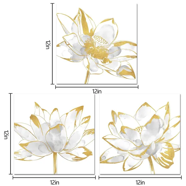 Gold_And_Grey_Gold_Grey_Lotus_Flower_Decor_Picture_Bathroom_Wall_Decor,_Framed_Artwork_12X12Inchx3Pieces