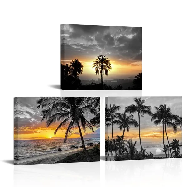 Multicolor_Palm_Tree_Wall_Art_Ocean_Beach_Sunset_Landscape_Painting_Tropical_Seascape_Palm_Tree_Picture_Wall_Decor_Framed_Artwork_Bedroom_Living_Room_Decor_(12X16Inchx3_Pieces)