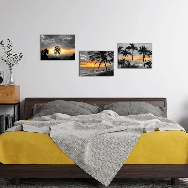 Multicolor_Palm_Tree_Wall_Art_Ocean_Beach_Sunset_Landscape_Painting_Tropical_Seascape_Palm_Tree_Picture_Wall_Decor_Framed_Artwork_Bedroom_Living_Room_Decor_(12X16Inchx3_Pieces)