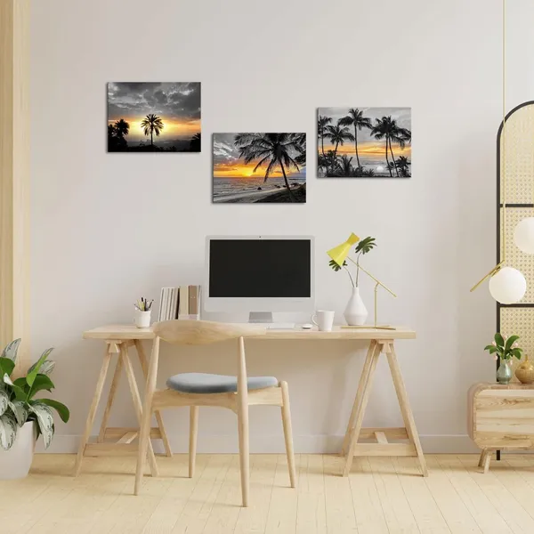 Multicolor_Palm_Tree_Wall_Art_Ocean_Beach_Sunset_Landscape_Painting_Tropical_Seascape_Palm_Tree_Picture_Wall_Decor_Framed_Artwork_Bedroom_Living_Room_Decor_(12X16Inchx3_Pieces)