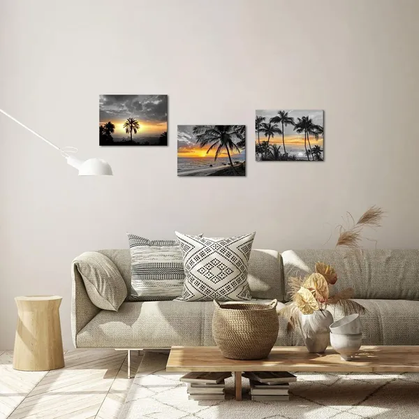 Multicolor_Palm_Tree_Wall_Art_Ocean_Beach_Sunset_Landscape_Painting_Tropical_Seascape_Palm_Tree_Picture_Wall_Decor_Framed_Artwork_Bedroom_Living_Room_Decor_(12X16Inchx3_Pieces)
