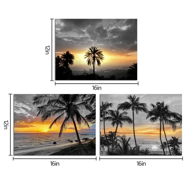 Multicolor_Palm_Tree_Wall_Art_Ocean_Beach_Sunset_Landscape_Painting_Tropical_Seascape_Palm_Tree_Picture_Wall_Decor_Framed_Artwork_Bedroom_Living_Room_Decor_(12X16Inchx3_Pieces)