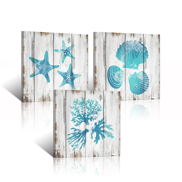 Teal_Wall_Decor_Teal_Blue_Bathroom_Wall_Decor_Seashell_Coral_Starfish_Decor_Painting_Ocean_Sea_Pictures_Art_Print_On_Canvas_Stretched_And_Framed_Ready_To_Hang_(12X12Inchx3Pieces)