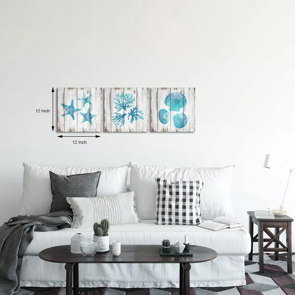 Teal_Wall_Decor_Teal_Blue_Bathroom_Wall_Decor_Seashell_Coral_Starfish_Decor_Painting_Ocean_Sea_Pictures_Art_Print_On_Canvas_Stretched_And_Framed_Ready_To_Hang_(12X12Inchx3Pieces)