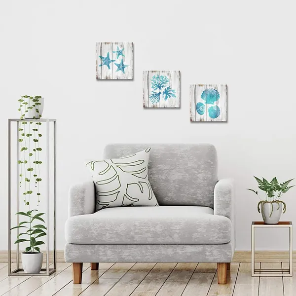 Teal_Wall_Decor_Teal_Blue_Bathroom_Wall_Decor_Seashell_Coral_Starfish_Decor_Painting_Ocean_Sea_Pictures_Art_Print_On_Canvas_Stretched_And_Framed_Ready_To_Hang_(12X12Inchx3Pieces)