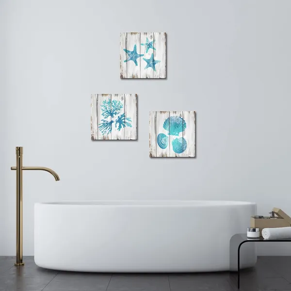 Teal_Wall_Decor_Teal_Blue_Bathroom_Wall_Decor_Seashell_Coral_Starfish_Decor_Painting_Ocean_Sea_Pictures_Art_Print_On_Canvas_Stretched_And_Framed_Ready_To_Hang_(12X12Inchx3Pieces)