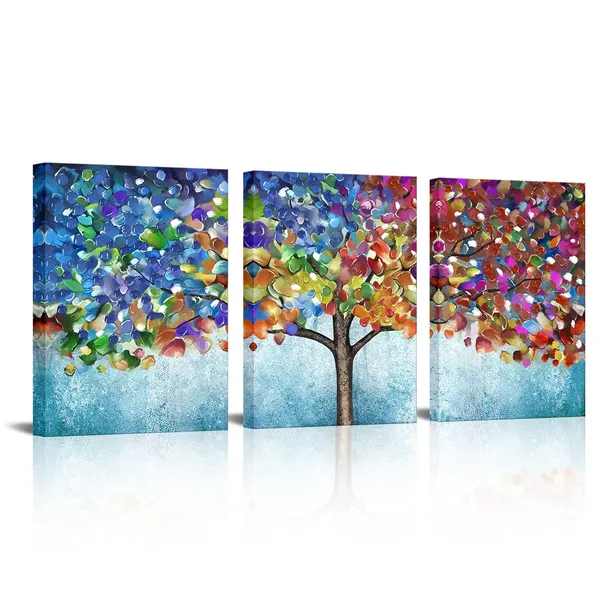 Teal_Tree_Wall_Art_3Pcs_Abstract_Colorful_Blooming_Tree_Painting_Framed_Canvas_Artwork_Living_Room_Bedroom_Home_Wall_Decor_12"X16"X3Pcs