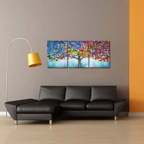 Teal_Tree_Wall_Art_3Pcs_Abstract_Colorful_Blooming_Tree_Painting_Framed_Canvas_Artwork_Living_Room_Bedroom_Home_Wall_Decor_12"X16"X3Pcs