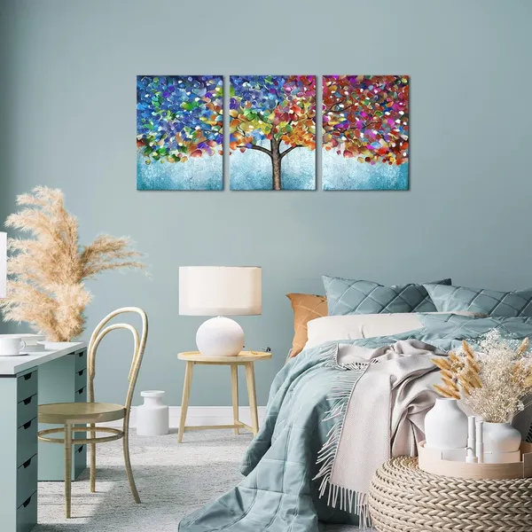 Teal_Tree_Wall_Art_3Pcs_Abstract_Colorful_Blooming_Tree_Painting_Framed_Canvas_Artwork_Living_Room_Bedroom_Home_Wall_Decor_12"X16"X3Pcs