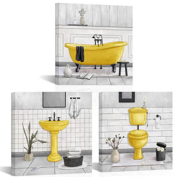 Yellow_Bathroom_Wall_Art_Bath_Tub_Painting_Picture_Bathroom_Wall_Decor_Framed_Ready_To_Hang_12X12Inchx3_(Yellow)