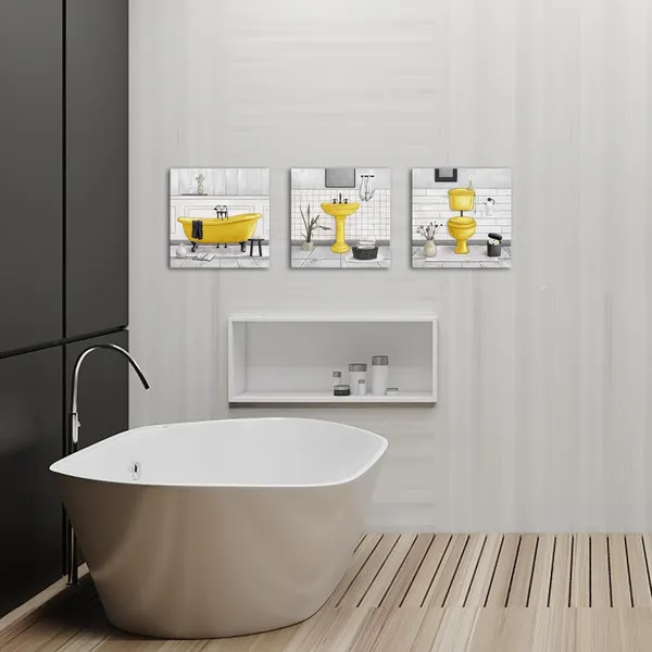 Yellow_Bathroom_Wall_Art_Bath_Tub_Painting_Picture_Bathroom_Wall_Decor_Framed_Ready_To_Hang_12X12Inchx3_(Yellow)