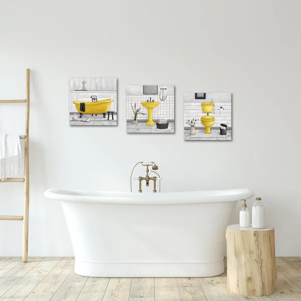 Yellow_Bathroom_Wall_Art_Bath_Tub_Painting_Picture_Bathroom_Wall_Decor_Framed_Ready_To_Hang_12X12Inchx3_(Yellow)