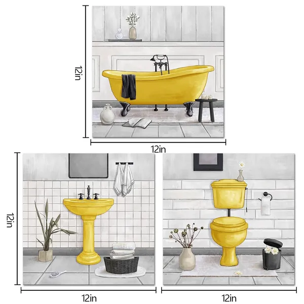 Yellow_Bathroom_Wall_Art_Bath_Tub_Painting_Picture_Bathroom_Wall_Decor_Framed_Ready_To_Hang_12X12Inchx3_(Yellow)
