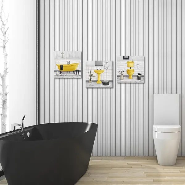 Yellow_Bathroom_Wall_Art_Bath_Tub_Painting_Picture_Bathroom_Wall_Decor_Framed_Ready_To_Hang_12X12Inchx3_(Yellow)