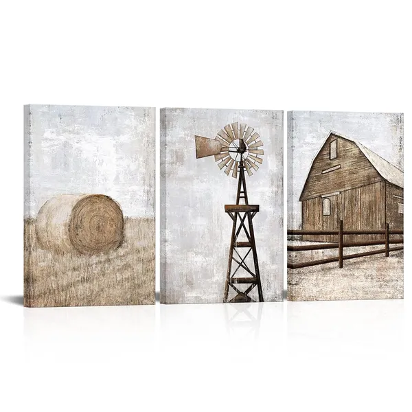 Brown_Farmhouse_Wall_Art_Rustic_Barn_Windmill_Cornfield_Pictures_Countryside_Rural_Landscape_Painting_Canvas_Artwork_Stretched_And_Framed_Ready_To_Hang_Home_Decor_16"X24"X3_Pieces