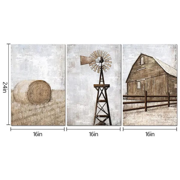 Brown_Farmhouse_Wall_Art_Rustic_Barn_Windmill_Cornfield_Pictures_Countryside_Rural_Landscape_Painting_Canvas_Artwork_Stretched_And_Framed_Ready_To_Hang_Home_Decor_16"X24"X3_Pieces