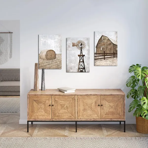 Brown_Farmhouse_Wall_Art_Rustic_Barn_Windmill_Cornfield_Pictures_Countryside_Rural_Landscape_Painting_Canvas_Artwork_Stretched_And_Framed_Ready_To_Hang_Home_Decor_16"X24"X3_Pieces