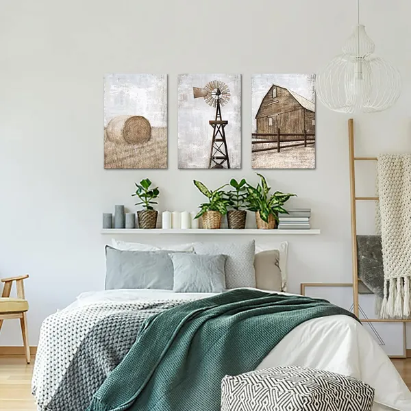 Brown_Farmhouse_Wall_Art_Rustic_Barn_Windmill_Cornfield_Pictures_Countryside_Rural_Landscape_Painting_Canvas_Artwork_Stretched_And_Framed_Ready_To_Hang_Home_Decor_16"X24"X3_Pieces