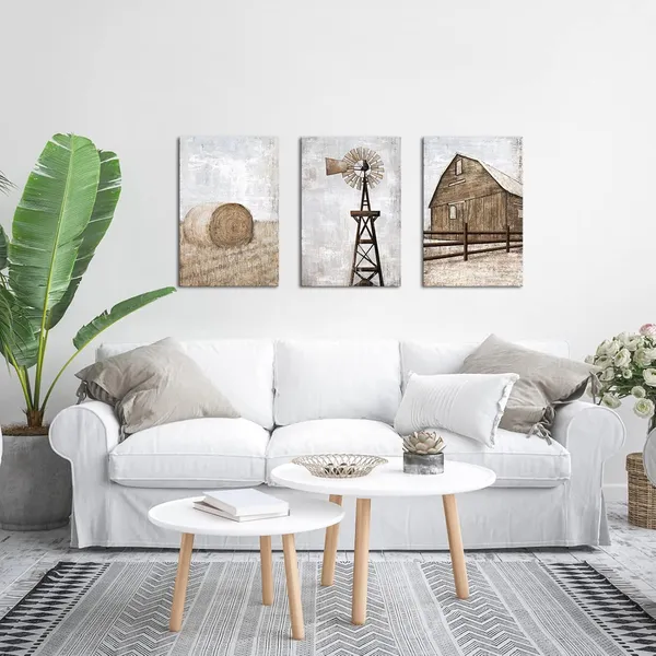 Brown_Farmhouse_Wall_Art_Rustic_Barn_Windmill_Cornfield_Pictures_Countryside_Rural_Landscape_Painting_Canvas_Artwork_Stretched_And_Framed_Ready_To_Hang_Home_Decor_16"X24"X3_Pieces