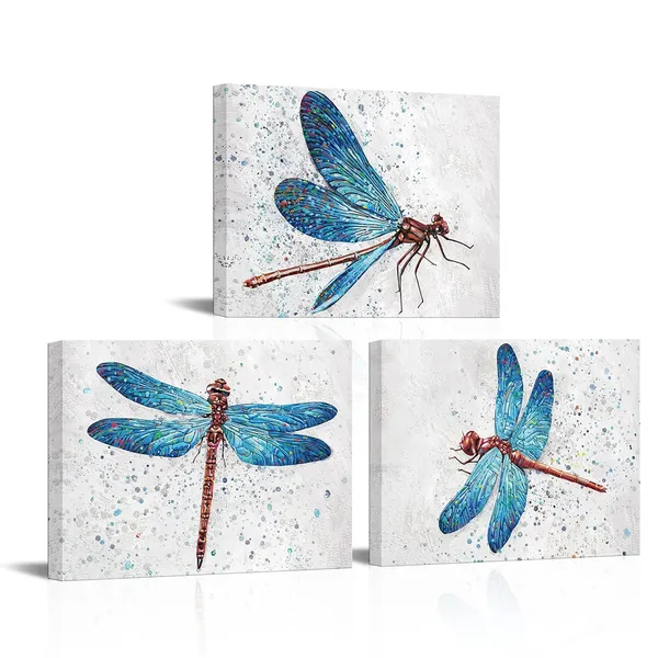 Grey_&_Blue_Dragonfly_Wall_Decor_Picture_Nature_Insect_Animal_Blue_Dragonfly_Canvas_Wall_Art_Framed_Artwork_Farmhouse_Kitchen_Living_Room_Decor_(Grey_&_Blue,_12X16Inchx3Piecs)