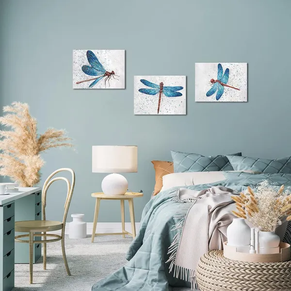 Grey_&_Blue_Dragonfly_Wall_Decor_Picture_Nature_Insect_Animal_Blue_Dragonfly_Canvas_Wall_Art_Framed_Artwork_Farmhouse_Kitchen_Living_Room_Decor_(Grey_&_Blue,_12X16Inchx3Piecs)