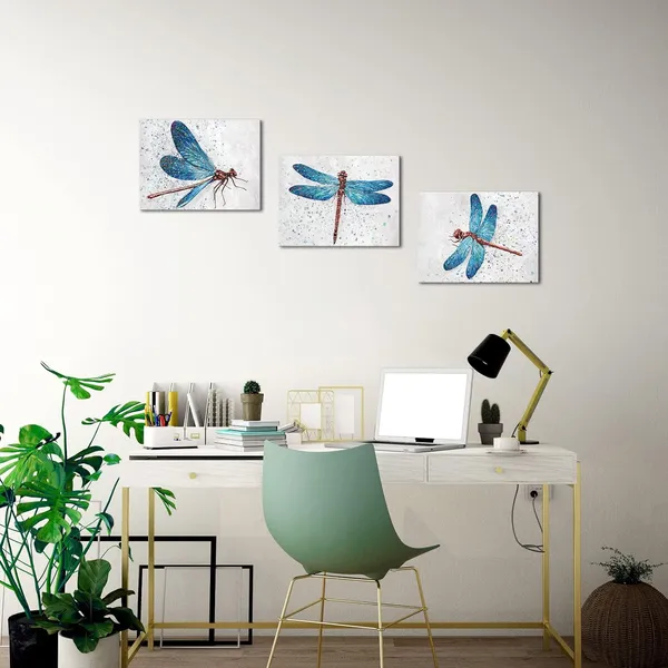 Grey_&_Blue_Dragonfly_Wall_Decor_Picture_Nature_Insect_Animal_Blue_Dragonfly_Canvas_Wall_Art_Framed_Artwork_Farmhouse_Kitchen_Living_Room_Decor_(Grey_&_Blue,_12X16Inchx3Piecs)