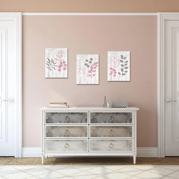 Multicolor_Leaf_Print_Canvas_Wall_Art_Pink_And_Grey_Botanical_Plant_Leaves_Painting_Rustic_Bathroom_Decor_Pictures_Framed_Ready_To_Hang_12"X16"X3_Panels