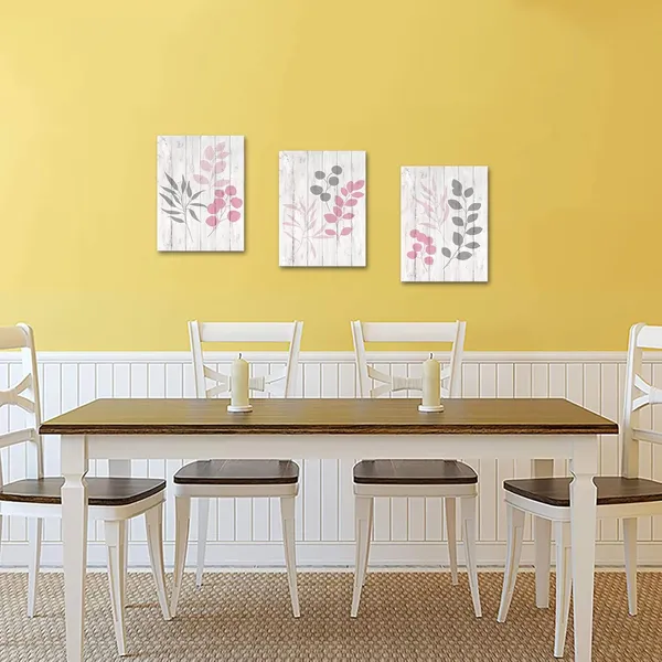Multicolor_Leaf_Print_Canvas_Wall_Art_Pink_And_Grey_Botanical_Plant_Leaves_Painting_Rustic_Bathroom_Decor_Pictures_Framed_Ready_To_Hang_12"X16"X3_Panels