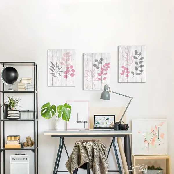 Multicolor_Leaf_Print_Canvas_Wall_Art_Pink_And_Grey_Botanical_Plant_Leaves_Painting_Rustic_Bathroom_Decor_Pictures_Framed_Ready_To_Hang_12"X16"X3_Panels