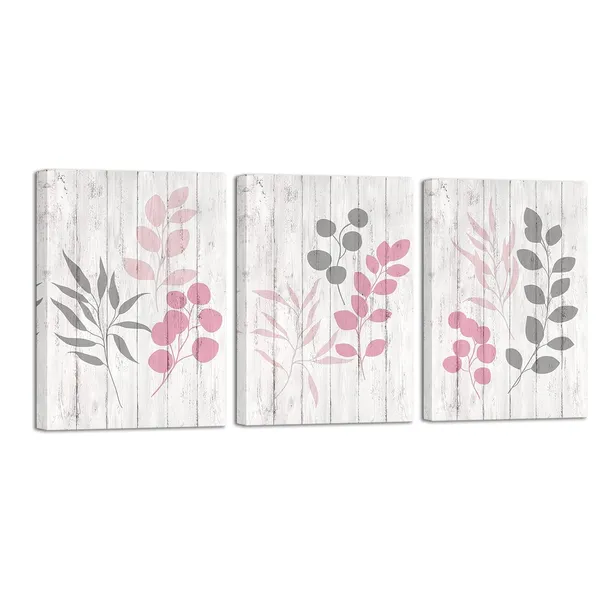 Multicolor_Leaf_Print_Canvas_Wall_Art_Pink_And_Grey_Botanical_Plant_Leaves_Painting_Rustic_Bathroom_Decor_Pictures_Framed_Ready_To_Hang_12"X16"X3_Panels