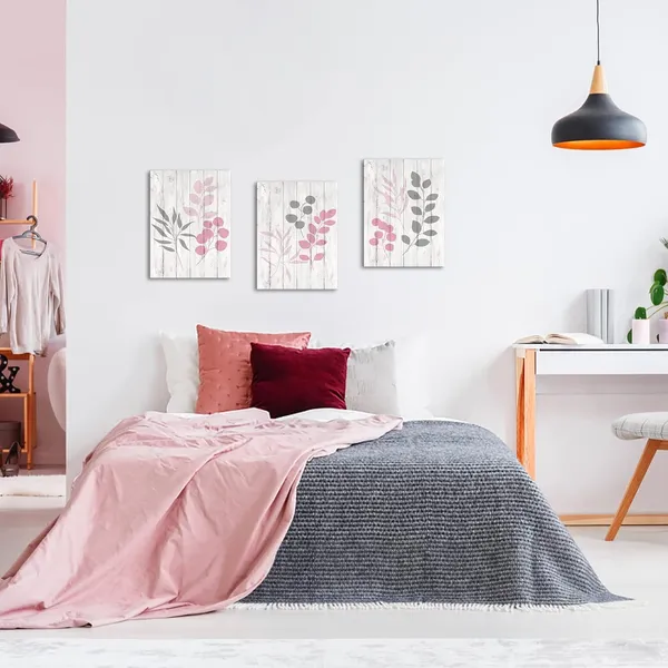 Multicolor_Leaf_Print_Canvas_Wall_Art_Pink_And_Grey_Botanical_Plant_Leaves_Painting_Rustic_Bathroom_Decor_Pictures_Framed_Ready_To_Hang_12"X16"X3_Panels