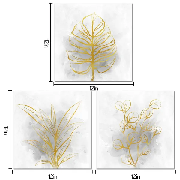 Gold_And_Grey_Gold_Grey_Botanical_Leaf_Art_Prints_Bathroom_Decor_Picture_Framed_Artwork_|_For_Dining_Room_12X12Inchx3Pieces