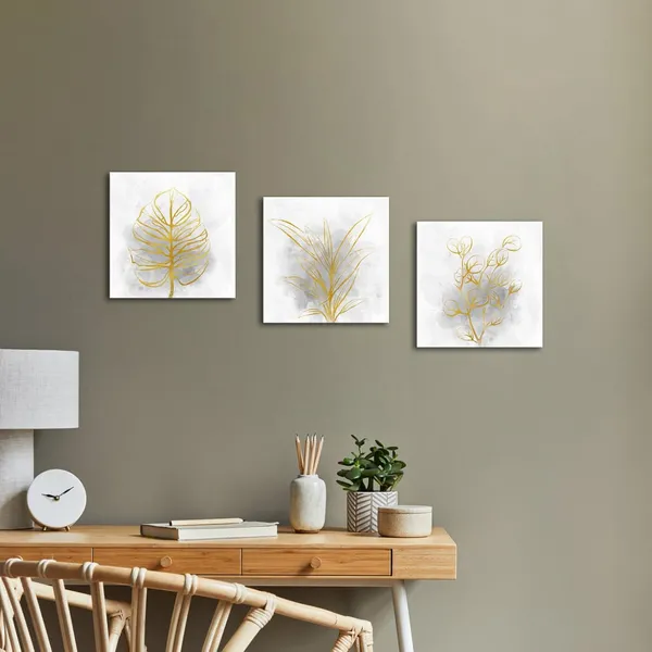 Gold_And_Grey_Gold_Grey_Botanical_Leaf_Art_Prints_Bathroom_Decor_Picture_Framed_Artwork_|_For_Dining_Room_12X12Inchx3Pieces