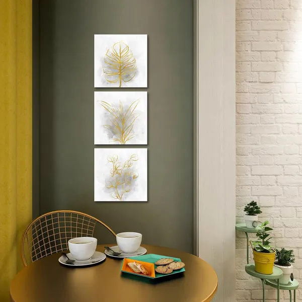 Gold_And_Grey_Gold_Grey_Botanical_Leaf_Art_Prints_Bathroom_Decor_Picture_Framed_Artwork_|_For_Dining_Room_12X12Inchx3Pieces