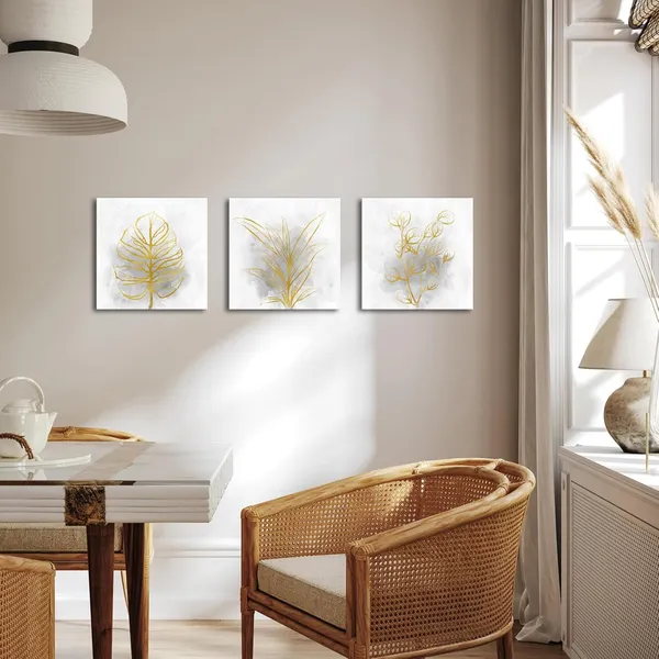Gold_And_Grey_Gold_Grey_Botanical_Leaf_Art_Prints_Bathroom_Decor_Picture_Framed_Artwork_|_For_Dining_Room_12X12Inchx3Pieces
