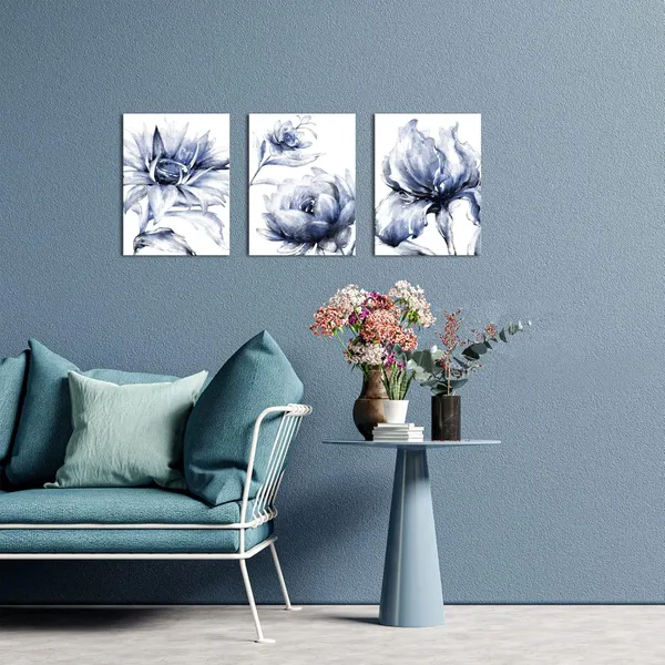 Blue_Blue_Flower_Picture_Wall_Decor_Floral_Canvas_Print_Bathroom_Decor_Wall_Art_Blue_Elegant_Flower_Art_Print_Framed_Ready_To_Hang_(12X16Inchx3_Pieces)