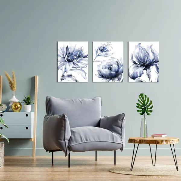 Blue_Blue_Flower_Picture_Wall_Decor_Floral_Canvas_Print_Bathroom_Decor_Wall_Art_Blue_Elegant_Flower_Art_Print_Framed_Ready_To_Hang_(12X16Inchx3_Pieces)
