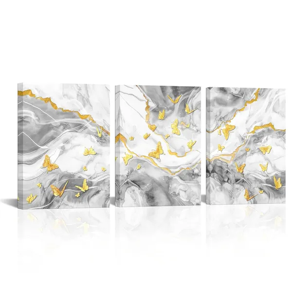 Light_Grey_Abstract_Canvas_Wall_Art_Grey_Marble_And_Gold_Butterfly_Wall_Art_Grey_Bathroom_Bedroom_Decor_Picture_Framed_Artwork_12"X16"X3_Pieces_(Light_Grey)