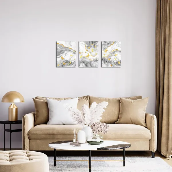 Light_Grey_Abstract_Canvas_Wall_Art_Grey_Marble_And_Gold_Butterfly_Wall_Art_Grey_Bathroom_Bedroom_Decor_Picture_Framed_Artwork_12"X16"X3_Pieces_(Light_Grey)