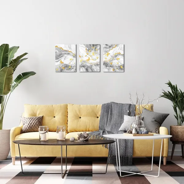 Light_Grey_Abstract_Canvas_Wall_Art_Grey_Marble_And_Gold_Butterfly_Wall_Art_Grey_Bathroom_Bedroom_Decor_Picture_Framed_Artwork_12"X16"X3_Pieces_(Light_Grey)