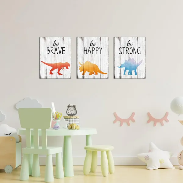 Multicolor_Dinosaur_Pictures_Canvas_Wall_Art_Prints_Inspirational_Quote_Painting_Kids_Room_Children_Boys_Bedroom_Nursery_Decor_12"X16"X3_Panels_Framed_Easy_To_Hang