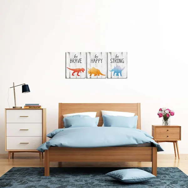 Multicolor_Dinosaur_Pictures_Canvas_Wall_Art_Prints_Inspirational_Quote_Painting_Kids_Room_Children_Boys_Bedroom_Nursery_Decor_12"X16"X3_Panels_Framed_Easy_To_Hang