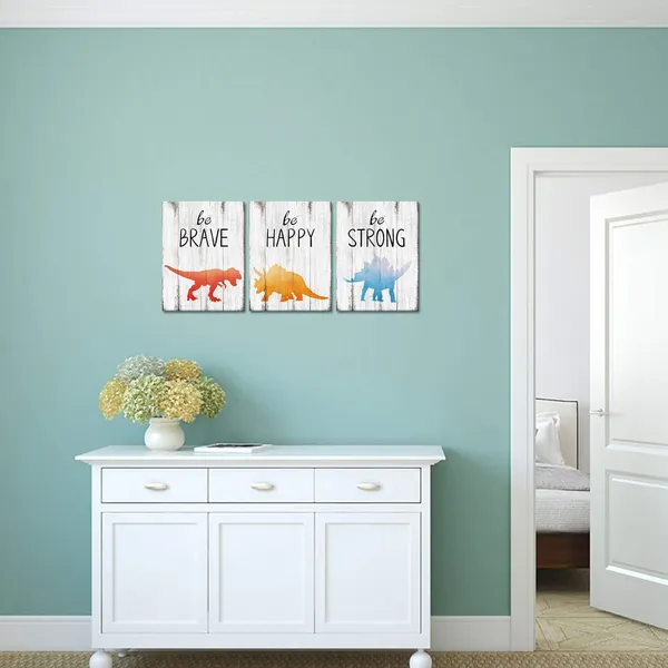 Multicolor_Dinosaur_Pictures_Canvas_Wall_Art_Prints_Inspirational_Quote_Painting_Kids_Room_Children_Boys_Bedroom_Nursery_Decor_12"X16"X3_Panels_Framed_Easy_To_Hang